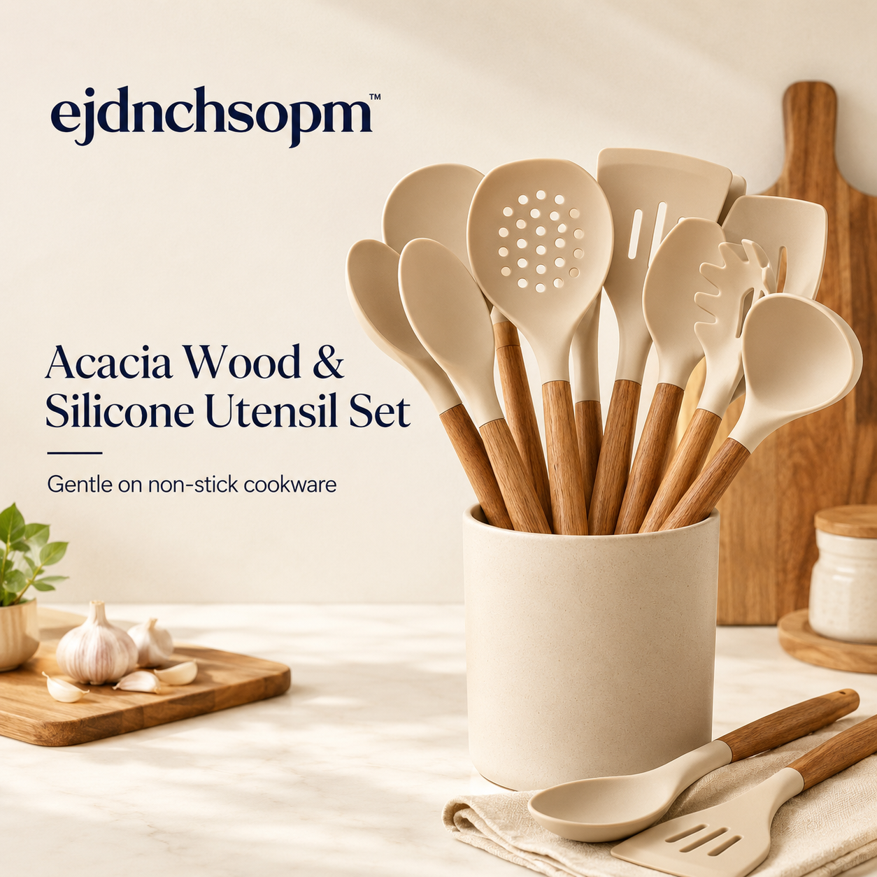 ejdnchsopm™ Acacia Wood & Silicone Kitchen Utensil Set | Non-Stick Cooking Tools